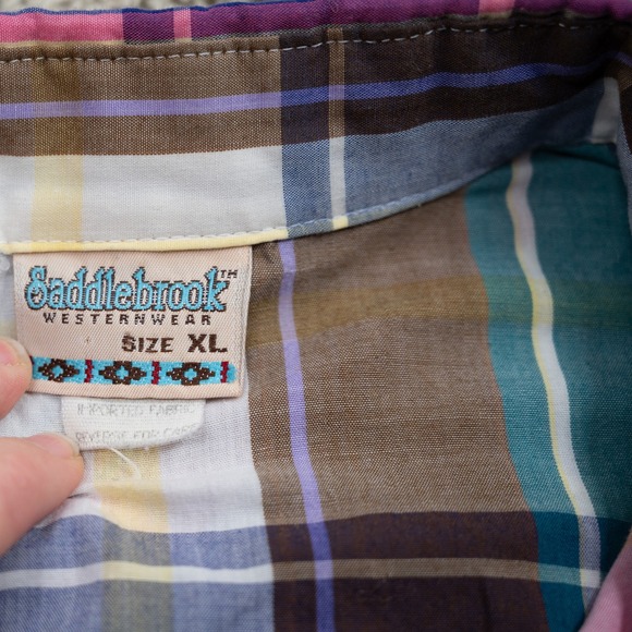 Saddlebrook Western Wear Men's XL shirt, plaid pink brown, pearl snaps Vintage - Picture 6 of 8